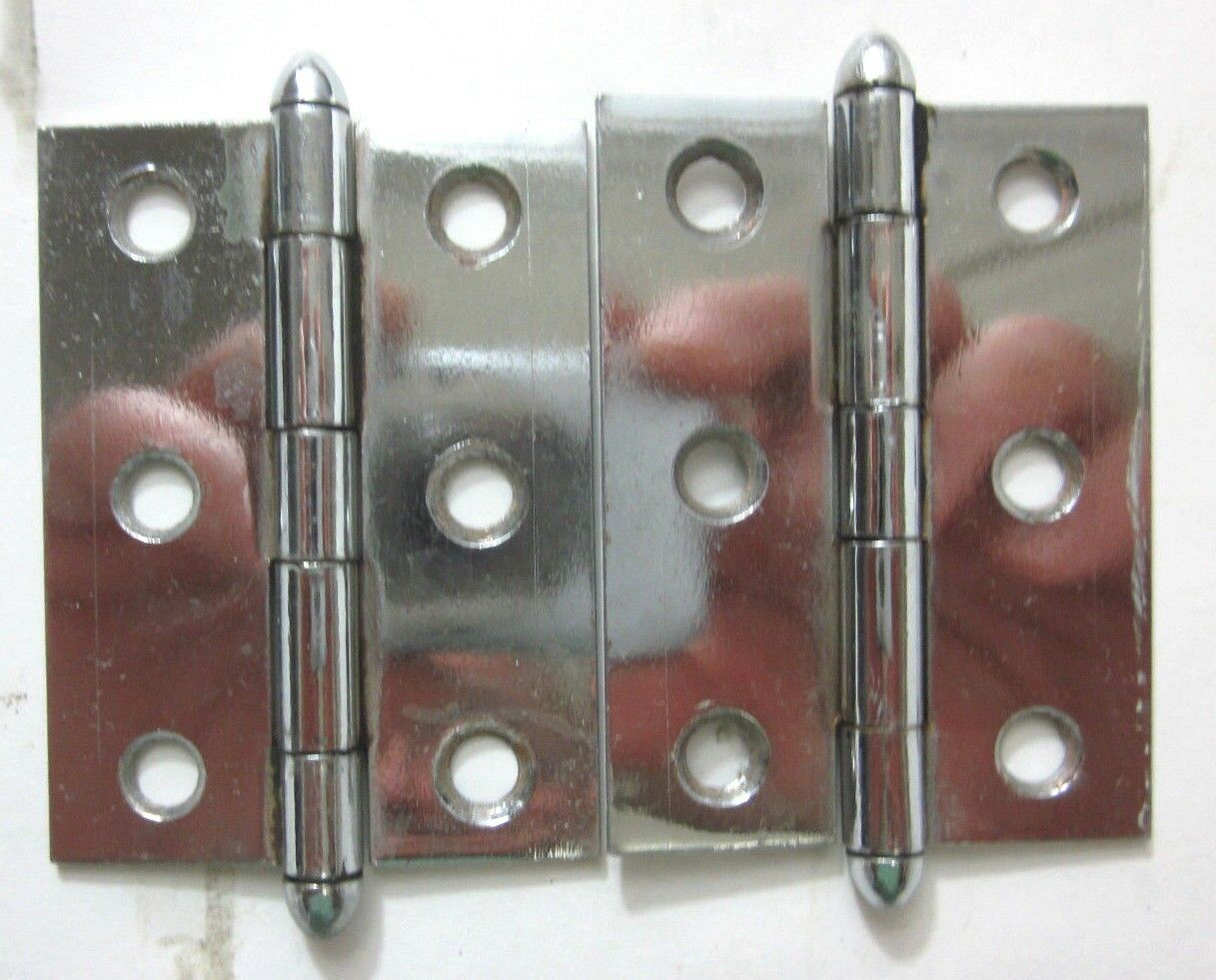 Chrome 1940 Mortise Cabinet Door 2 Hinges 2-1/2" X 1-7/8" Bullet Finials Vtg Mcm