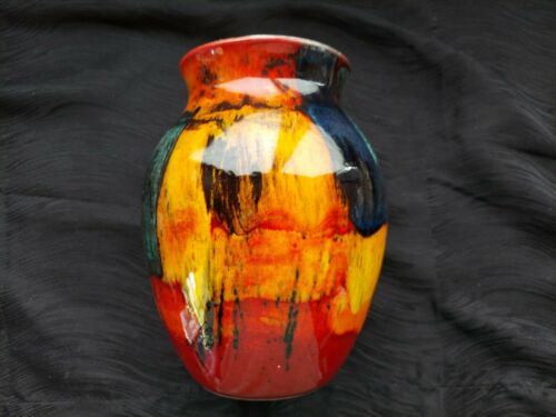 Vintage Poole Pottery England Blended Glazed Vase Fire Red Orange Black 8 1/4"