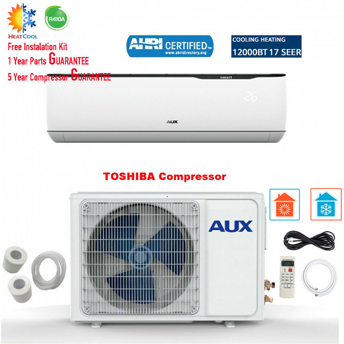 12000 Btu Ductless Mini Split Air Conditioner Inverter With Heat Pump 115v White