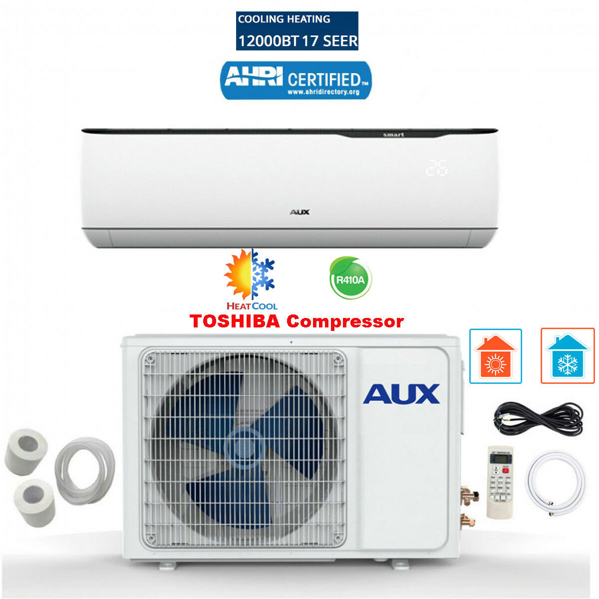 12000 Btu Mini Split Air Conditioner Inverter Heat Pump W/ Kits 115v 12ft White