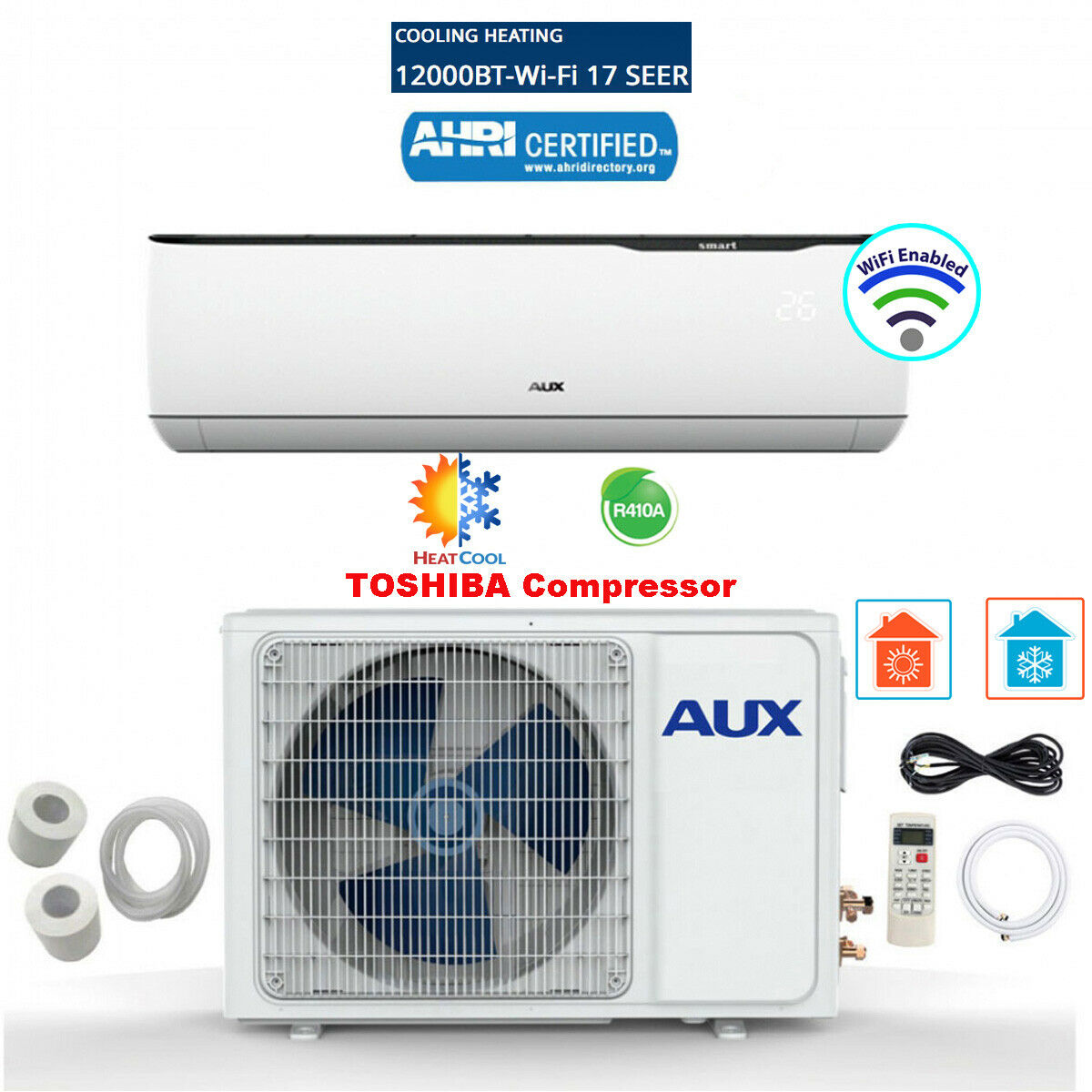 12000 Btu Mini Split Air Conditioner Inverter Heat Pump W/ Wifi 12ft 17 Seer