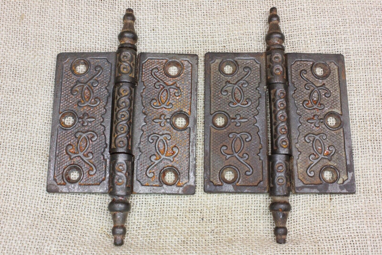 2 Old Door Hinges 3 1/2 X 3 1/2" Antique Steeple Top Pin Clean Vintage Cast Iron