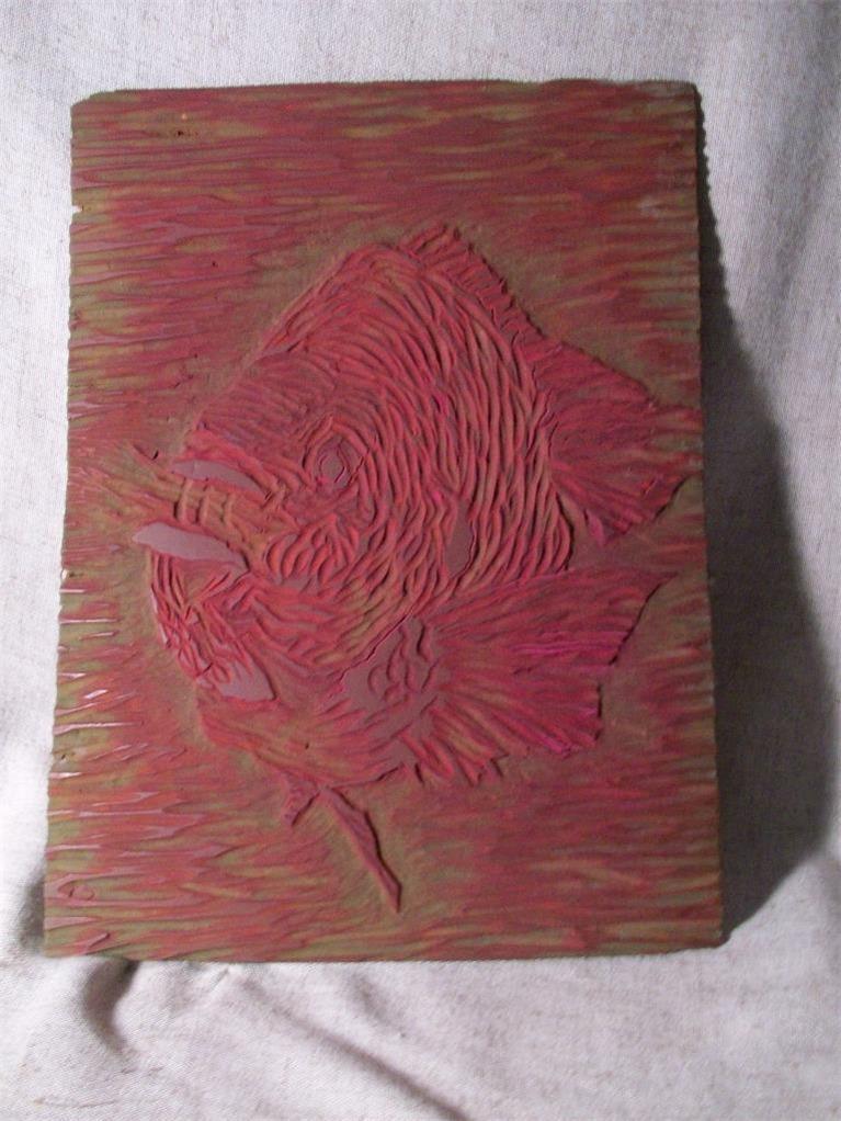 Tropical Fish Linoleum Plate Unsigned Late 60's Hand Carved Block Printing